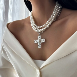 Multi-layer faux pearl cross necklace with liquid metal pendant and vintage silver chain