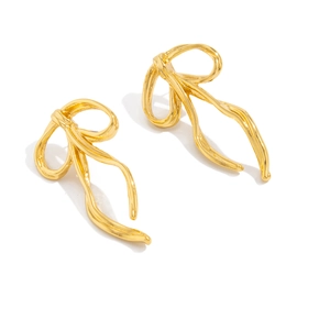 Golden irregular bow stud earrings with modern lava texture and artistic wavy design