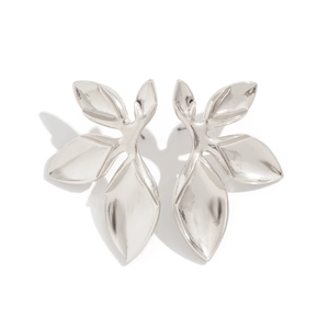 Detailed close-up of polished silver leaf-shaped stud earrings with 3D layered design