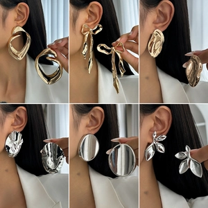 Exaggerated Bow Knot Stud Earrings Geometric Irregular Pleated Wave Metal Leaf Earrings For Women Fashion Statement Jewelry