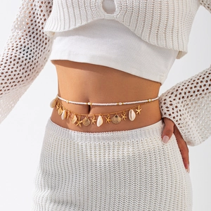 Bohemian double-layer waist chain with gold starfish pendants and white sea shell beads