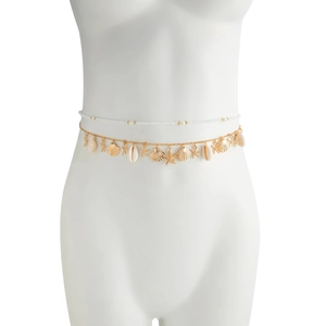 Detail of beach waist chain with starfish pendants, gold beads, and natural shells
