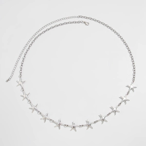 Detail of silver starfish waist chain with adjustable lobster clasp and 11 metal charms
