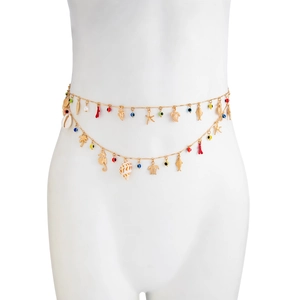 Detail of double-layered gold body chain with marine charms and colorful evil eye beads