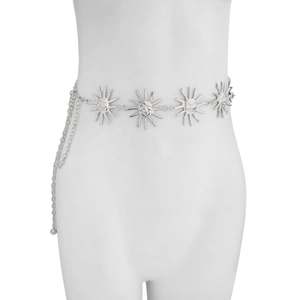 Detail view of silver sun face relief waist chain with double layer draped chains
