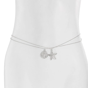 Detailed macro view of silver star and seashell charms on a double-layer bikini body chain