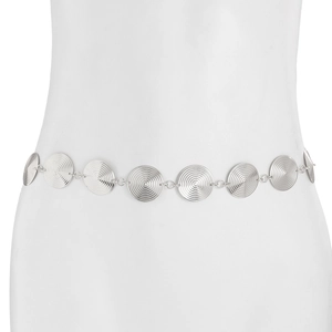 Detailed view of silver waist chain with textured circular geometric metal discs