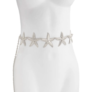 Detailed view of silver starfish body chain with textured relief on white mannequin