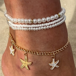 Ensemble de bracelets de cheville avec pendentif étoile de mer, perles et chaînes dorées