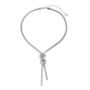 Silver snake chain necklace featuring a knotted tie design with lobster clasp closure