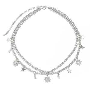Sexy silver layered waist chain featuring celestial sun moon and star metal pendants