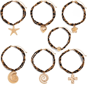 Bohemian ocean style necklace set with leopard print cords and gold metal pendants