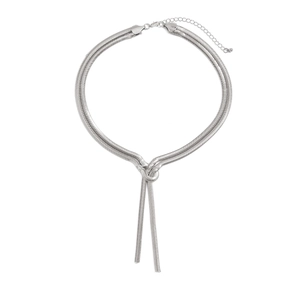 Silver thick flat snake chain necklace with a central knot detail and adjustable lobster clasp