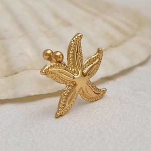 Nahaufnahme des goldenen Seestern-Ohrclips mit Textur auf einem Muschelhintergrund