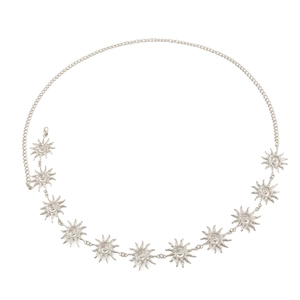 Silver waist chain belt featuring sun charms with spiral texture for a boho look