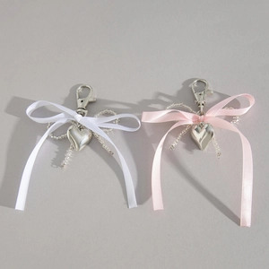 Porte-clés Pendentif Cœur Nœud en Satin Doux Rose Et Blanc Perlé Bijou de Sac en Alliage pour Femmes Filles