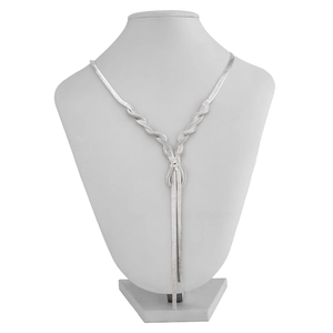 Detailed view of silver Y-shaped snake bone chain necklace with woven texture on neck form