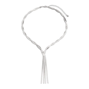 Detailed view of silver snake chain necklace with elegant fringe tassel and lobster clasp
