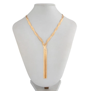 Detailed view of a gold-tone woven snake chain Y-necklace with elegant long tassels