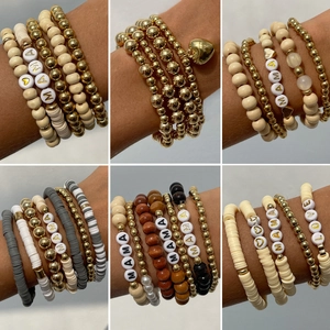 Bohemian Stacking Bracelet Set For Women Polymer Clay Heishi Beads Wood Beads Gold Bead Bracelet Mama Love Letter Charms Ethnic Stacking Bracelets Mother Day Jewelry Gift