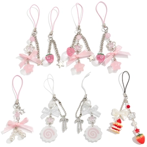 Sweet Bow Strawberry Star Artificial Cake Phone Chain Keychain For Women Cute Bag Charm Ribbon Imitation Artificial Pearl Phone Strap
