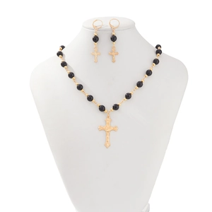 Ensemble collier croix gothique punk avec chaîne à billes noires pour style femme