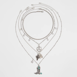 Silver 5-layer Western necklace set with star, horseshoe, cactus and turquoise cowboy boot