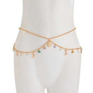 Detail of bohemian gold waist chain with moon star charms and colorful gravel on a white torso