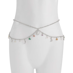 Detail of silver waist chain with celestial pendants and multicolored crushed stones