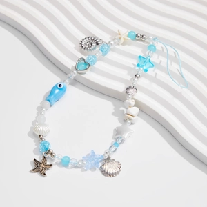 Bijou de téléphone océan avec perles et breloques étoile de mer et coquillage bleu
