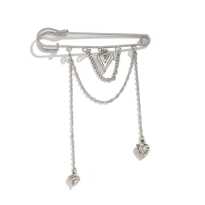 Silver safety pin brooch with heart pendants and multilayer metal chain tassels
