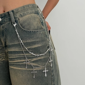 Silver multi-layer punk pants chain with thorny links and metal cross pendants