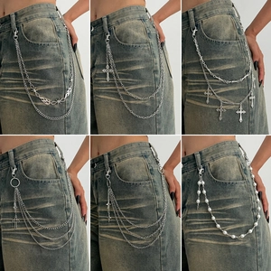 Punk Hip Hop Metal Waist Chain For Jeans Gothic Cross Star Flame Pendant Multi Layer Pant Chain For Men Women Jewelry Accessory
