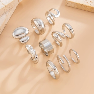 Lot de 10 bagues argentées aux designs géométriques et gouttes d'eau pour femmes