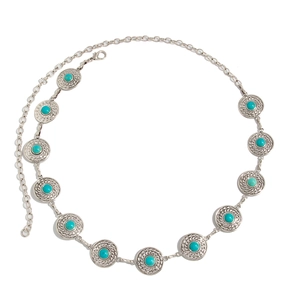 Bohemian silver metal waist chain featuring round turquoise stones and textured edges