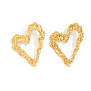 Lava heart gold earrings with molten liquid metal texture and wrinkled pattern design