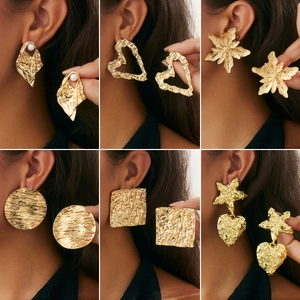 Vintage Geometric Heart Flower Stud Earrings For Women Alloy Metal Textured Wrinkled Gold Silver Jewelry With Stainless Steel Earring Post