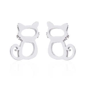 Detail of silver cat silhouette stud earrings with hollow design and polished finish