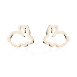 Minimalist hollow rabbit stud earrings in polished gold finish with mirror reflection