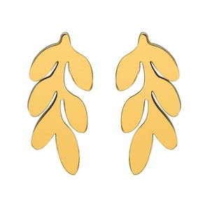 Front view of golden leaf-shaped stud earrings with a smooth metallic finish