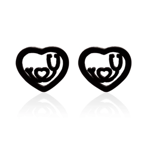 Detail view of black heart stethoscope earrings with matte finish and hollow design