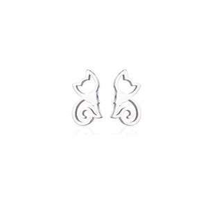 Minimalist silver cat ear studs in a hollowed design with smooth lines and mirror reflection