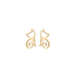 Detail view of hollow cat-shaped stud earrings in gold-tone finish with minimalist design