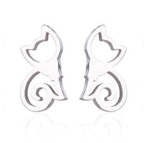 Detailed view of silver minimalist hollow cat silhouette stud earrings with reflection