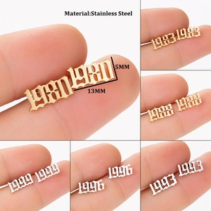 Birth Year Number Stainless Steel Stud Earrings Old English Font Gothic Year Gold Silver Tone Jewelry Birthday Gift For Women