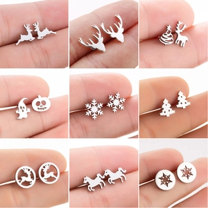 Stainless Steel Deer Snowflake Christmas Tree Ghost Pumpkin Stud Earrings Holiday Party Jewelry For Women Kids