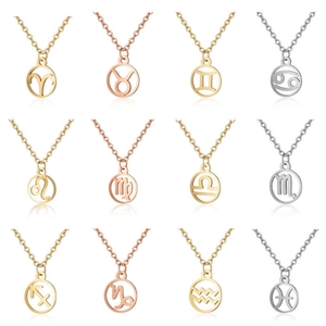 Collier Pendentif Douze Constellations en Acier Inoxydable pour Femmes Bijoux Cadeau Chaîne de Clavicule Géométrique Ronde