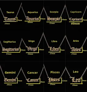 Detailed grid view showing dimensions of 12 gold gothic zodiac letter pendant necklaces