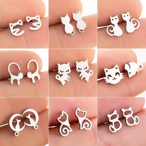 Stainless Steel Cat Stud Earrings For Women Cute Hollow Animal Kitten Moon Mouse Earrings Minimalist Fashion Jewelry Gift