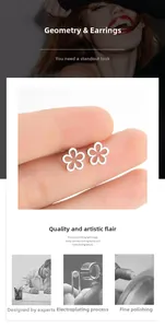 Detail view of silver hollow five-petal flower stud earrings with a polished finish